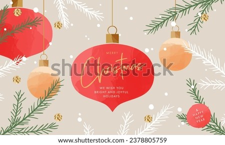 Merry Christmas and Happy New Year greeting card. Modern Xmas art doodle design with typography, beautiful Christmas tree and balls, snowflakes pattern. Minimal banner, layout, poster, cover template
