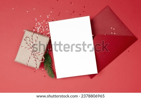 Christmas or New Year greeting card mockup with gift box, blank card mock up with copy space