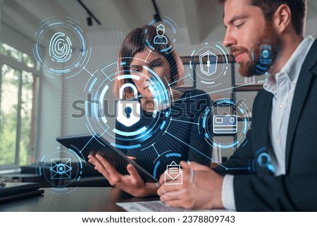 Businesspeople working together at office workplace. Concept of team work, business education, internet surfing, brainstorm, project information technology. Lock data security hologram