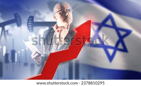Israel Oil market. Man investor thought for moment. Up arrow near Israel flag. Impact politics on oil prices. Rising oil prices due to events in Israel. Man predicts increase in prices for petroleum Royalty-Free Stock Photo #2378810295
