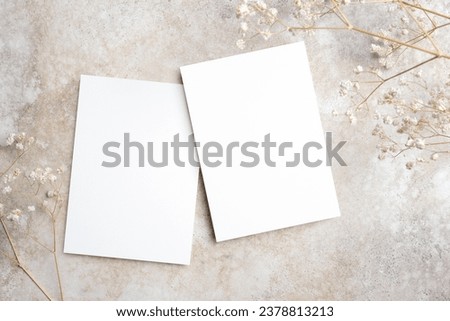 Two wedding invitation cards mockup, front and back sides, blank card mock up with stylish decor Royalty-Free Stock Photo #2378813213