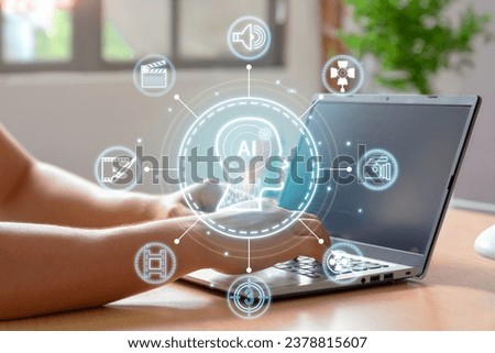 AI-Powered Video Editing: Man and AI Creating and Editing Videos from Text Royalty-Free Stock Photo #2378815607