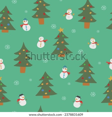 Christmas and winter themed seamless pattern, with snowmen, decorated trees and snowflakes on green background