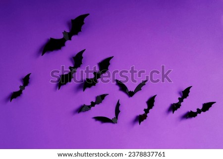 Flock of bats on Halloween, purple background