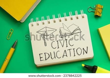 Civic education is shown using a text and picture of the book and student cap