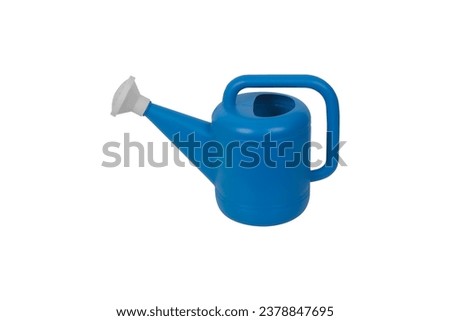 Blue plastic watering can isolated on white background.