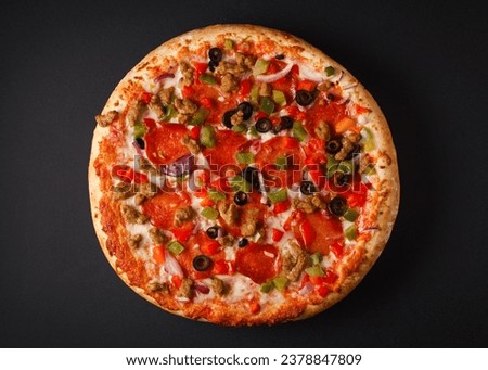 Overhead view of tasty pepperoni pizza