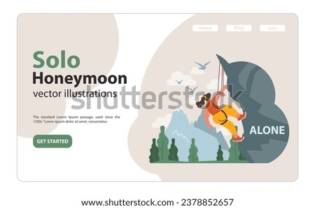 Solo travel, honeymoon web banner or landing page. Mountaineering. Mountain female climber during nature adventure. Woman climbing rock wall using special equipment. Flat vector illustration