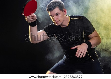 Table tennis player in action. Ping pong banner. Download a photo of a table tennis player for a tenis racket packaging design. Image for tennis ball box template.