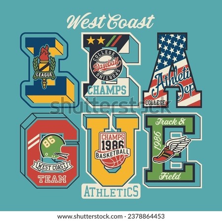 West coast college sporting athletic department abstract vintage vector artwork with font initials for t shirt sweatshirt jacket print or embroidery patches Royalty-Free Stock Photo #2378864453