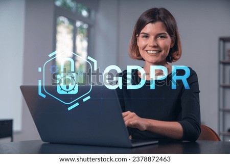 Pensive attractive beautiful businesswoman in formal wear working on laptop at office workplace in background. Concept of data protection information technology. lock icon hologram.
