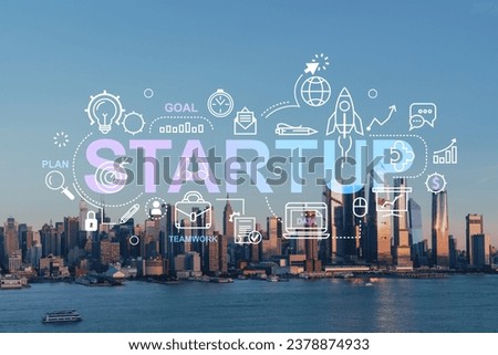 New York City skyline from New Jersey over Hudson River, Hudson Yards skyscrapers at sunset. Manhattan, Midtown. Startup company, launch project to seek and develop scalable business model, hologram