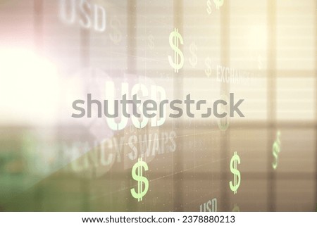 Virtual USD symbols illustration on empty corporate office background. Trading and currency concept. Multiexposure