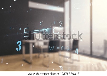 Double exposure of creative scientific formula concept and modern desktop with laptop on background, research and development concept