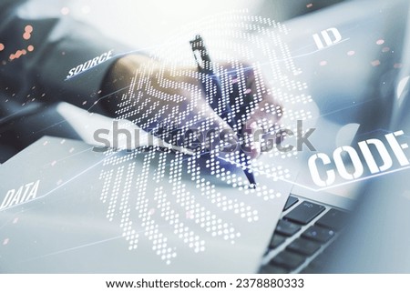Multi exposure of abstract graphic fingerprint sketch with hand writing in diary on background with laptop, fingerprint scan data concept