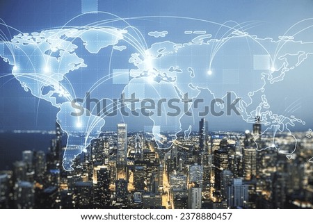 Abstract graphic digital world map hologram with connections on Chicago cityscape background, globalization concept. Multiexposure Royalty-Free Stock Photo #2378880457