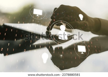 Double exposure of social network icons concept and hand working with a digital tablet on background. Networking concept
