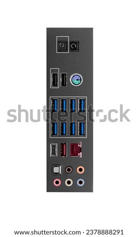 Modern gaming motherboard part isolated on white background.