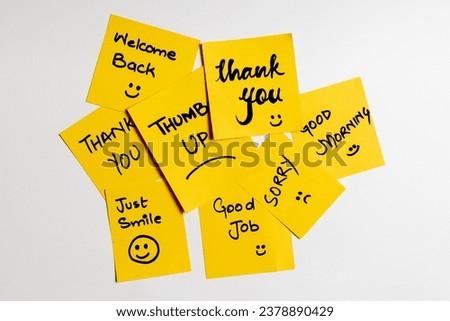 simple unique positive feedback text, notes collection set. Thank you, thumbs up, sorry, good job, welcome back, good morning, just smile, simply outstanding positive feedback text concept