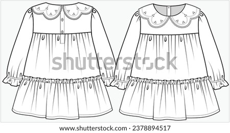 EMBROIDERED PETERPAN COLLAR EMPIRE CUT WOVEN TIERED DRESS DESIGNED FOR INFANT GIRL TODDLER GIRL AND BABY GIRLS IN VECTOR ILLUSTRATION Royalty-Free Stock Photo #2378894517