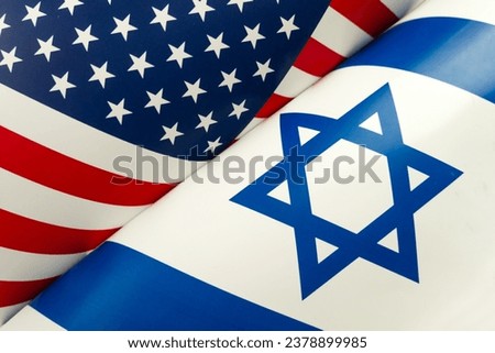 USA Israel. Photo American flag and Flag of Israel conveys the partnership between two states through the main symbols of these countries Royalty-Free Stock Photo #2378899985