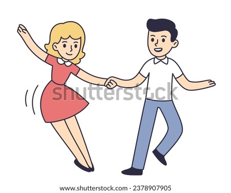 Cute cartoon young dancing couple. Swing dance, Lindy hop. Vector clip art illustration.