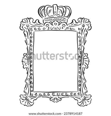 A line drawing of a regal style frame. Black and white hand drawn illustration of an ornate frame with a crown at the top.