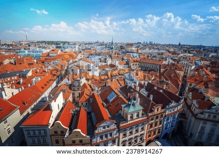 Famous iconic image of Prague city skyline in Czech Republic from top view
