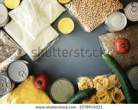 Top view bunch food provisions donation Royalty-Free Stock Photo #2378914321