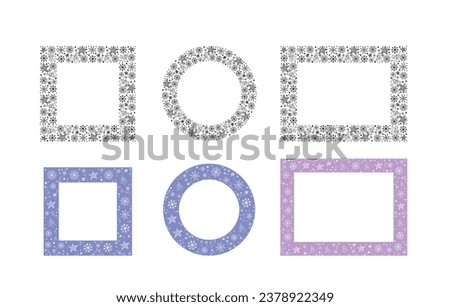 Set of winter frames made of white snowflakes. Borders of different shapes square, round. Decorative elements for Christmas and New Year design. Vector illustration