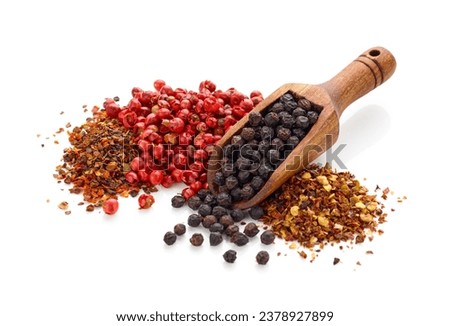 Black pepper in wooden spoon and peppercorn in wooden bowl and spice isolated on white background Royalty-Free Stock Photo #2378927899