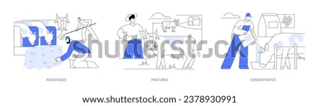 Feeds for livestock isolated cartoon vector illustrations set. Group of farmers with pasture forages, using roughages, cows eating grass in the pasture, feeding with concentrates vector cartoon. Royalty-Free Stock Photo #2378930991