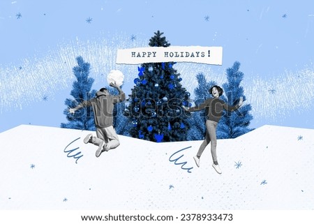 Composite collage picture image of funny couple play snowball christmas new year greeting card template holiday x-mas congratulation