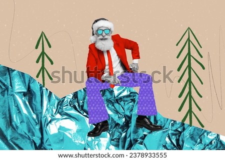 Artwork collage picture of cheerful black white colors grandfather santa sit ice snowy forest hill isolated on beige background