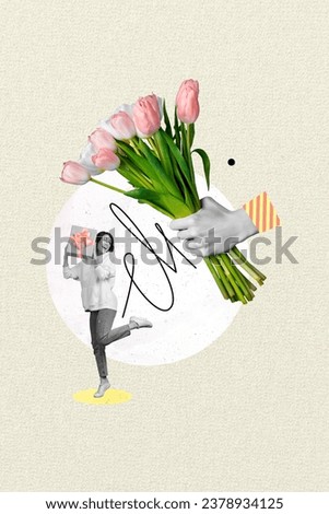 Collage 3d image of pinup pop retro sketch of hand hold tulips flowers bouquet 8 march anniversary funny happy female present giftbox