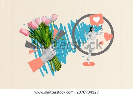 Full body collage of beautiful young lady recording video her tik tok account received fresh bouquet tulips isolated on drawn background