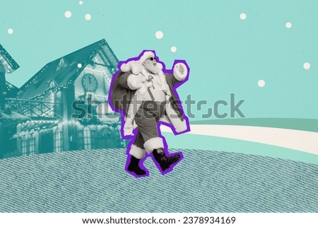Artwork collage picture of black white colors funky santa walk carry new year presents bag city town buildings snowy weather