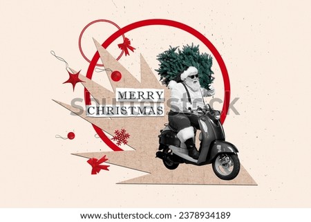 Creative drawing collage picture of funny santa claus scooter tree christmas new year greeting card template holiday x-mas congratulation