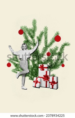 Vertical collage portrait of cheerful excited black white effect girl have fun dancing new year tree giftbox isolated on beige background