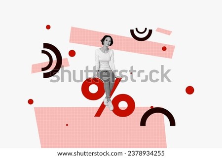 Coupon collage of happy sitting percentage symbol shopaholic lady buy super sale discount limited collection isolated on white background