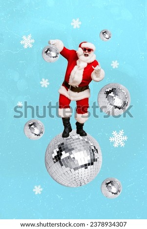 Collage picture of funky saint nicholas wearing sunglasses rock roll music lover dancing on disco ball party isolated on blue background