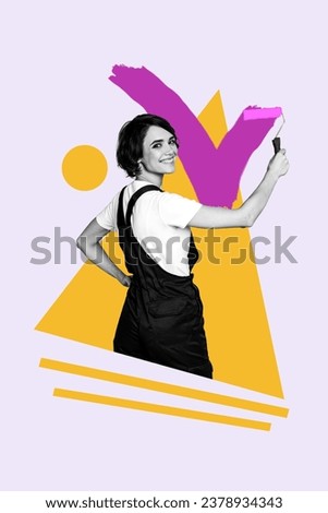 Vertical collage picture of cheerful black white colors girl hold brush painting check mark isolated on creative background