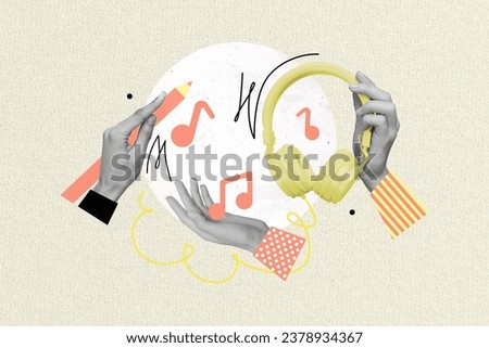 Creative composite template photo collage of human hands hold headphones draw music notes listen playlist isolated on painted background