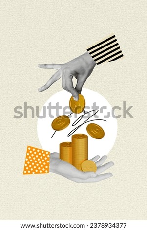 Vertical creative composite photo collage of human hands hold dollar coins save money make transaction isolated on painted background