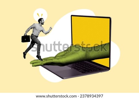 Collage 3d image of pinup pop monochrome illustration running confident business programmer inside laptop isolated on yellow background Royalty-Free Stock Photo #2378934397