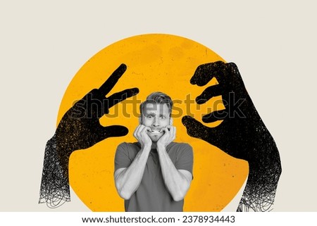Poster picture collage of young man bite nails crazy nervous when monster hands trying catch him isolated on yellow color background