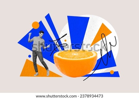Collage picture of excited black white colors mini guy dancing big half orange fruit isolated on drawing grey background