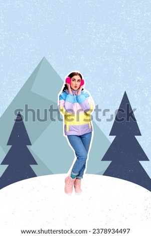 Vertical collage image of funky girl hands touch cold protection headphones snowfall drawing forest tree isolated on creative background