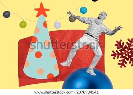 Collage picture of overjoyed black white colors grandfather dancing drawing new year tree toys snowflake isolated on beige background