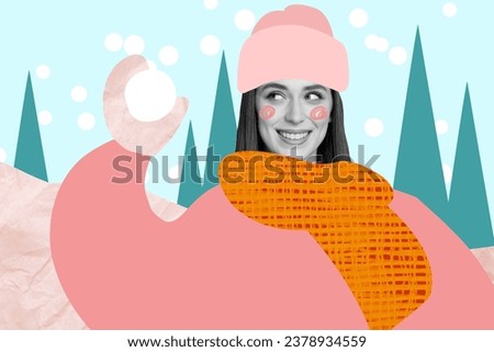 Picture sketch collage image of funny tricky lady throwing snow ball enjoying new year vacation isolated creative background